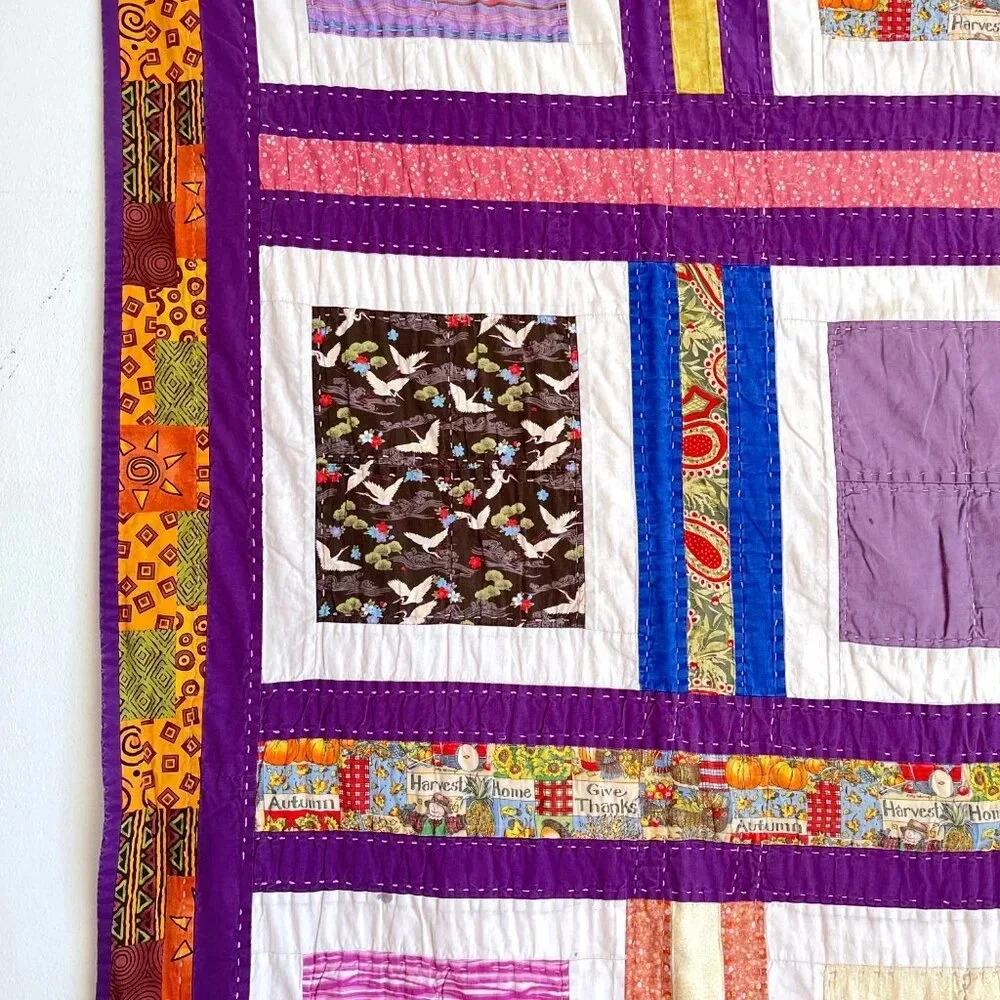 Handmade Novelty Print Cottagecore Patchwork Quilt Signed Mostly Purple Twin